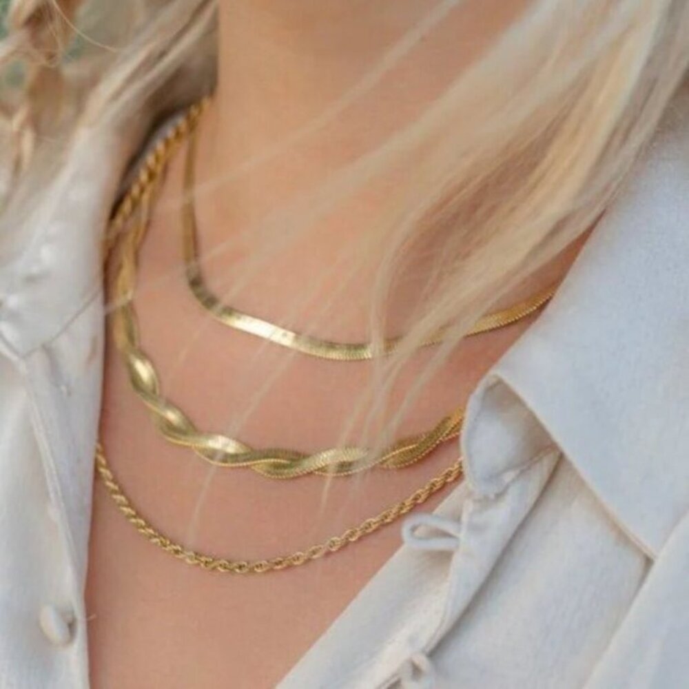 Gold Herringbone Twist Necklace Waterproof Necklace Gorgeous Layering Necklace - Picture 6 of 15